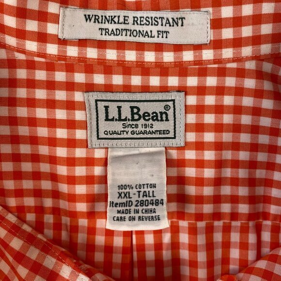 L.L. Bean Mens XXL Tall Orange/White Gingham Wrinkle-Resistant Short-Sleeve - Picture 3 of 7